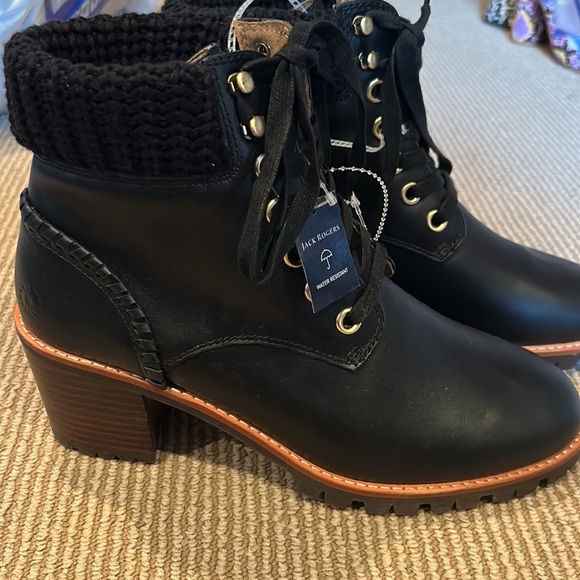 NWT JACK ROGERS Harper hiker knit heeled black leather boots size 9 - Picture 7 of 12